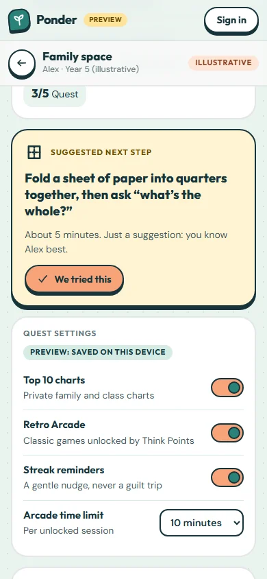 A suggested next step card: fold paper into quarters together, about five minutes, followed by Quest settings switches