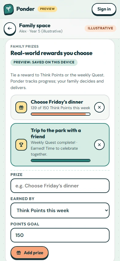 Family prizes: choose Friday’s dinner and a trip to the park, each with a progress bar, and a form to add a prize