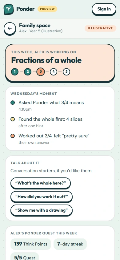 Family space on a phone: what the child is working on this week, Wednesday’s moment step by step, and conversation starters