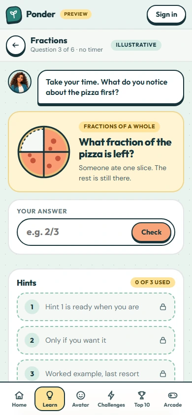 Ponder app on a phone: a fractions question about a pizza, with Ponder asking “What do you notice?” and the hint ladder still locked