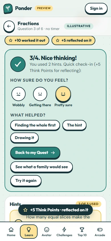 The question solved as 3/4, followed by a short reflection: how sure do you feel and what helped