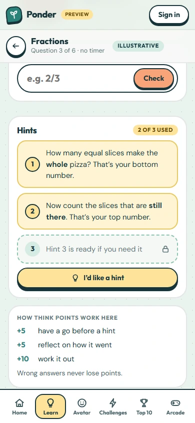 The hint ladder with two of three hints open and the third waiting until the learner asks, plus how Think Points are earned