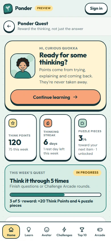 The learner’s Quest home: avatar greeting, Think Points, a thinking streak with a rest day, puzzle pieces and the weekly Quest
