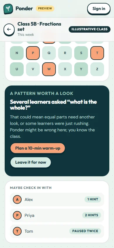 A pattern worth a look: several learners asked what the whole is, with buttons to plan a warm-up or leave it, and a maybe-check-in list